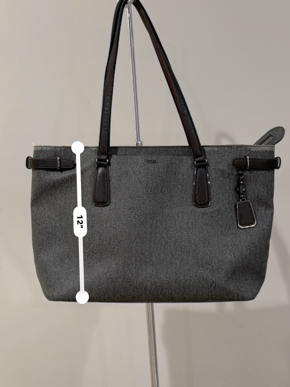 Title: TUMI Gray Tweed Business Tote Laptop Bag Leather Trim Travel Work Purse - Picture 4 of 12